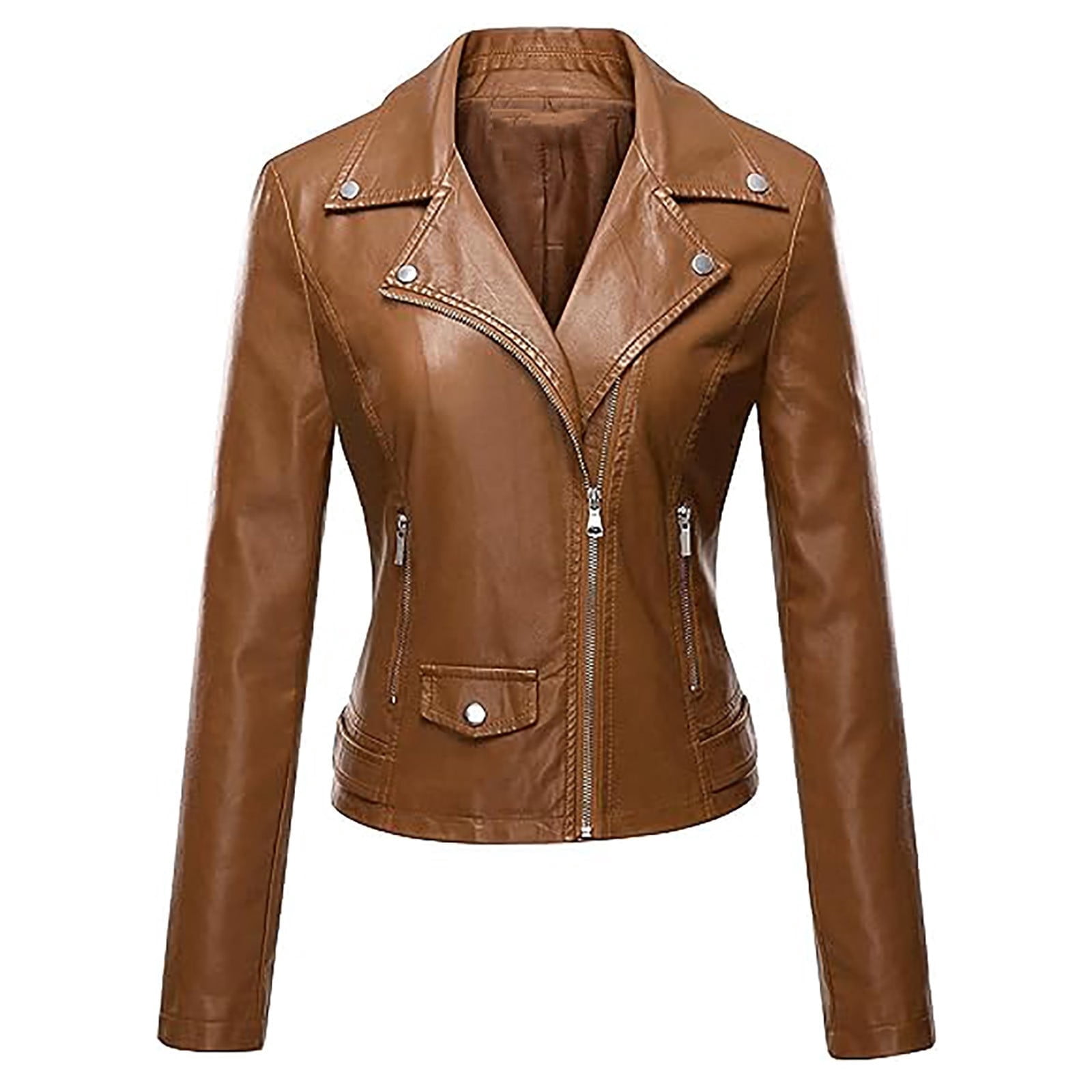 Faux-Leather Jackets for Women Trendy Full Zipper Up Collared Motorcycle Jacket Solid Slim Long Sleeve PU-Leather Moto Biker Outerwear Coats