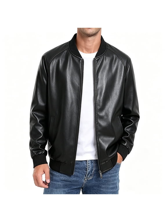 Faux Leather Jackets for Men with Pockets Retro Stylish Casual Full-Zip Hoodless PU Moto Bomber Coats, Black 2XL