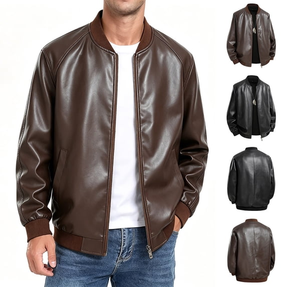 Faux Leather Jackets for Men with Pockets Retro Stylish Casual Full-Zip Hoodless PU Moto Bomber Coats, Brown 3XL