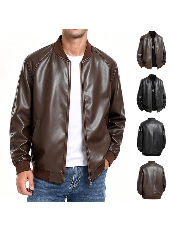 Faux Leather Jackets for Men with Pockets Retro Stylish Casual Full-Zip Hoodless PU Moto Bomber Coats, Brown 4XL