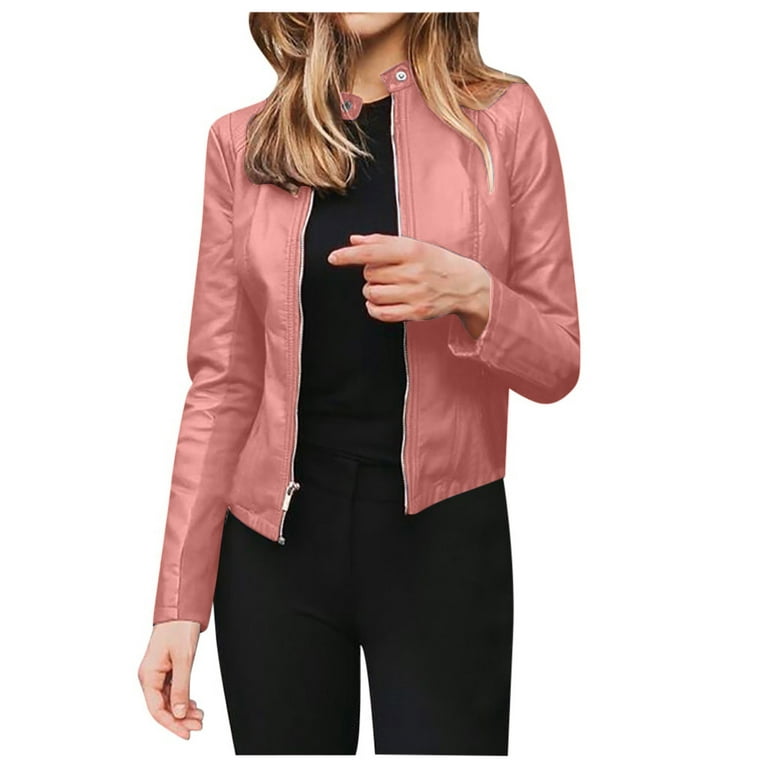 Faux Leather Jackets for Women Long Sleeve Zipper Short Moto Biker Coat