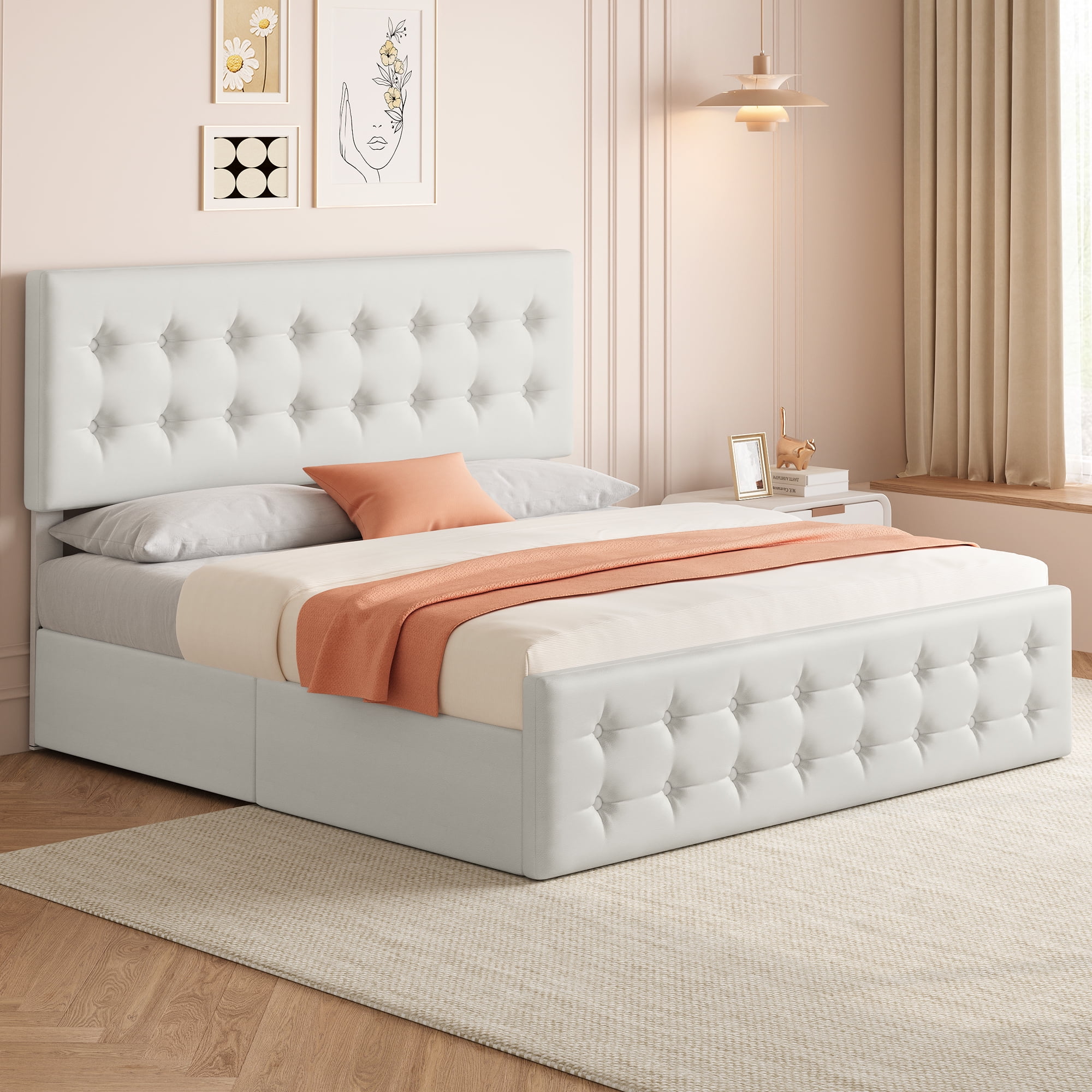 Faux Leather King Size Bed Frame with 4 Storage Drawers and Headboard ...