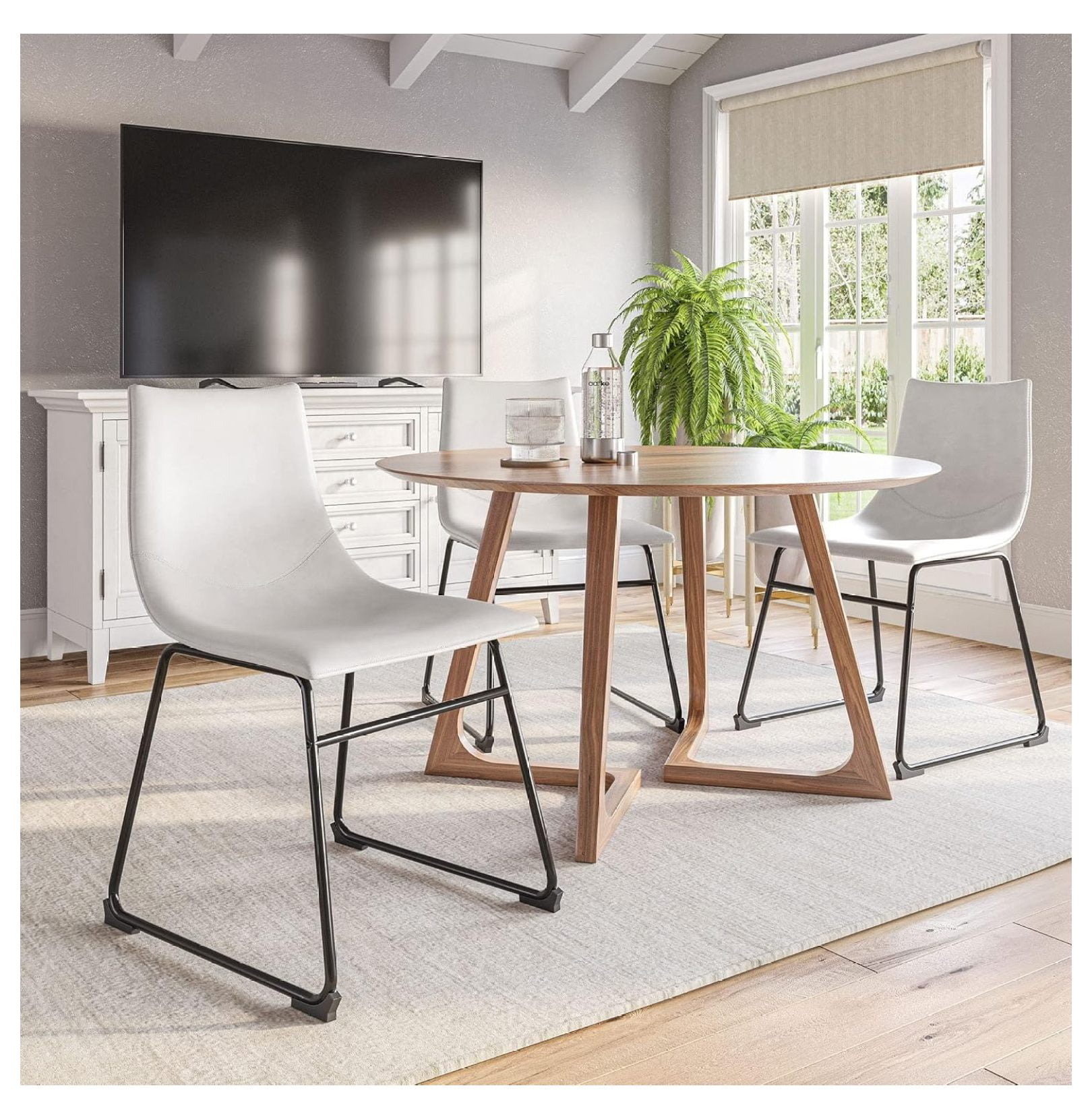Modern White Faux Leather Upholstered Side Chair with Wood Legs