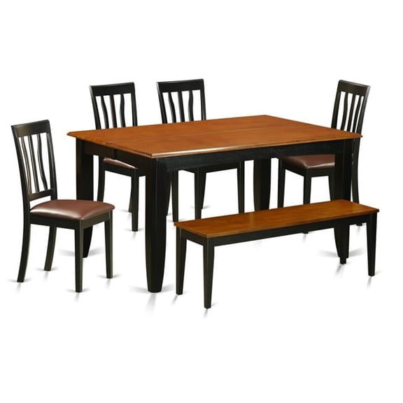 Faux Leather Kitchen Set with Kitchen Tables & 4 Chairs Plus Bench, Black & Cherry - 6 Piece