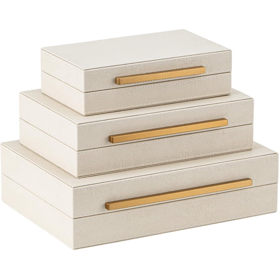 Faux Leather Large Modern Stackable Nesting  Box with  Organizer - Set of 3 Beige Shagreen Decorative Storage Boxes with   Handles