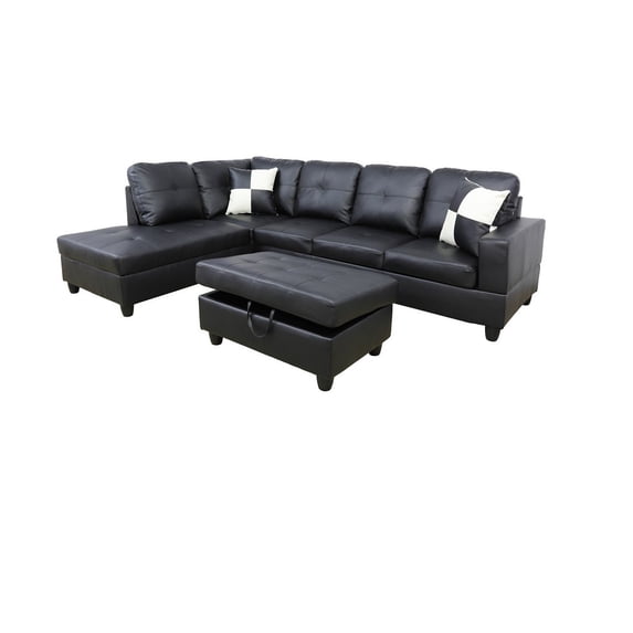 Faux Leather Left Facing Sectional Sofa With Ottoman, Living Room Storage Sectional Futon, Black