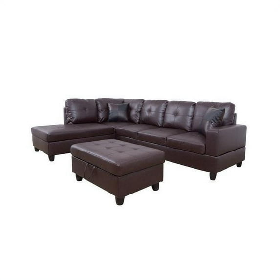 Faux Leather Left Facing Sectional Sofa With Ottoman, Living Room Storage Sectional Futon, Brown