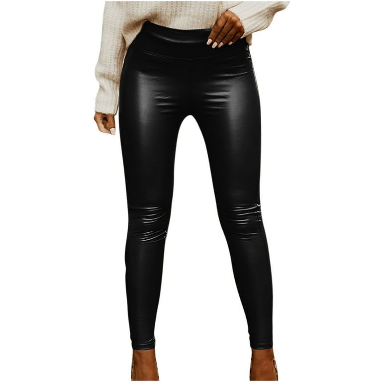 Faux Leather Leggings for Women Black Stretchy Ruchy PU Elastic