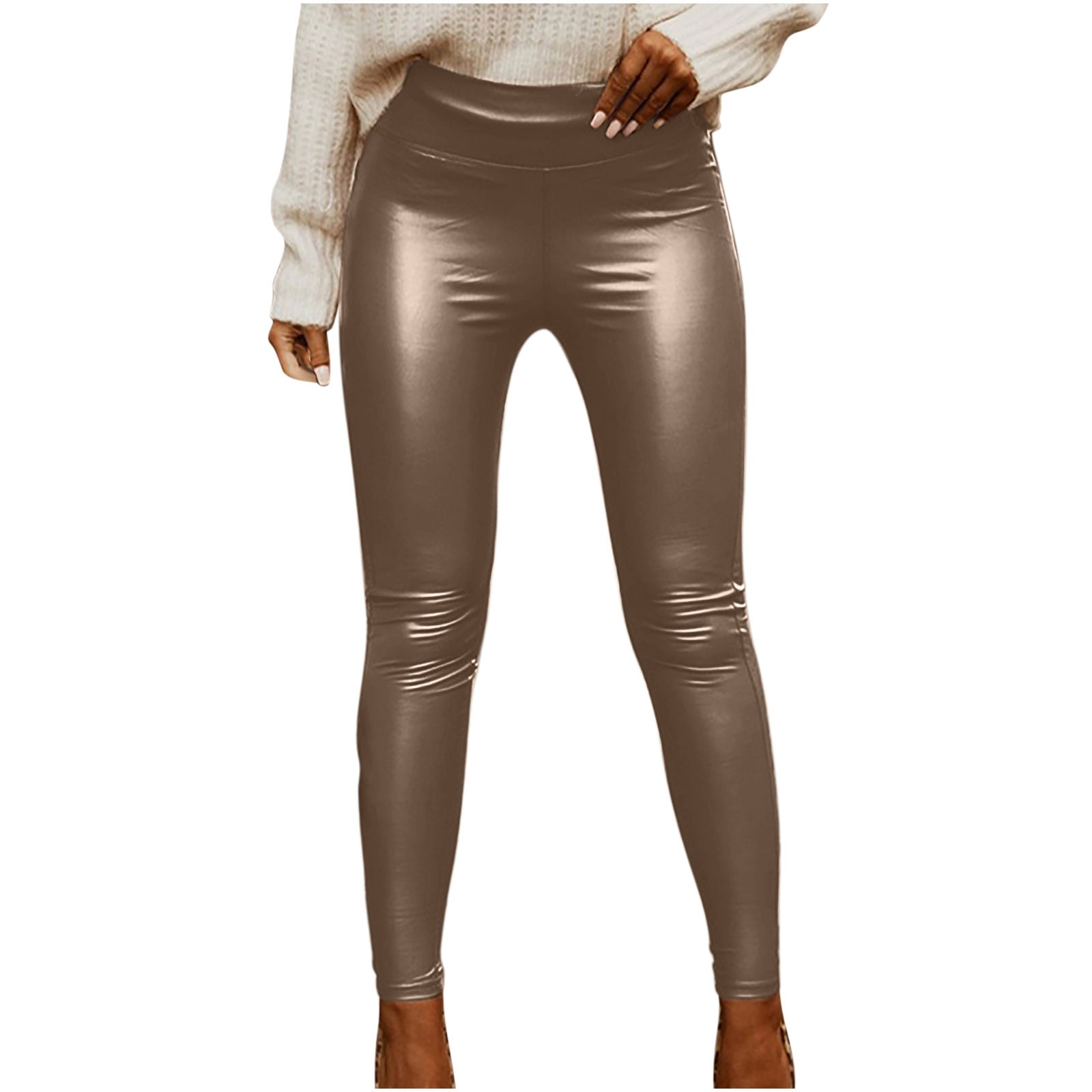 Faux Leather Leggings for Women Black Stretchy Ruchy PU Elastic High  Waisted Shiny Sexy Pleather Cropped Pants 
