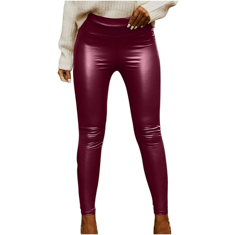 Faux Leather Leggings for Women Black Stretchy Ruchy PU Elastic High  Waisted Shiny Sexy Pleather Cropped Pants