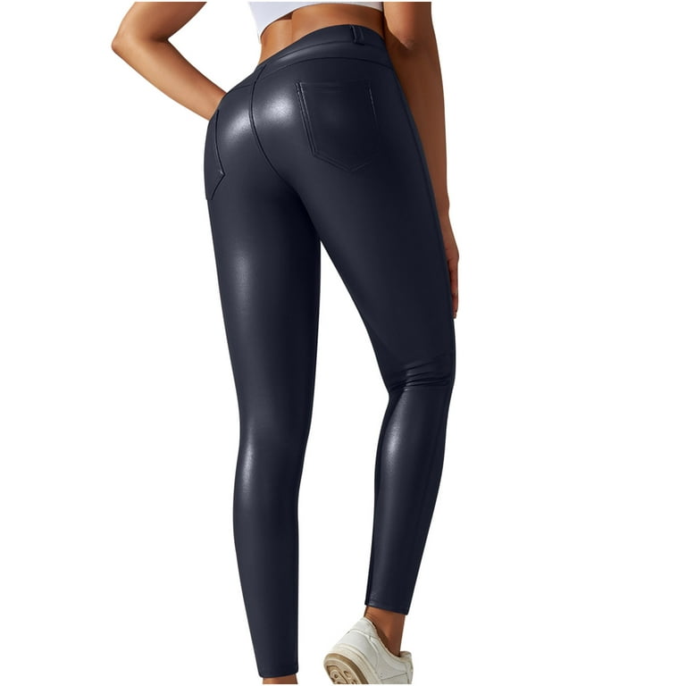 Faux Leather Leggings for Women High Waist Butt Lifting Sexy Pleather Long  Pants Pocket Stretchy Fashion Tights (X-Large, Navy)