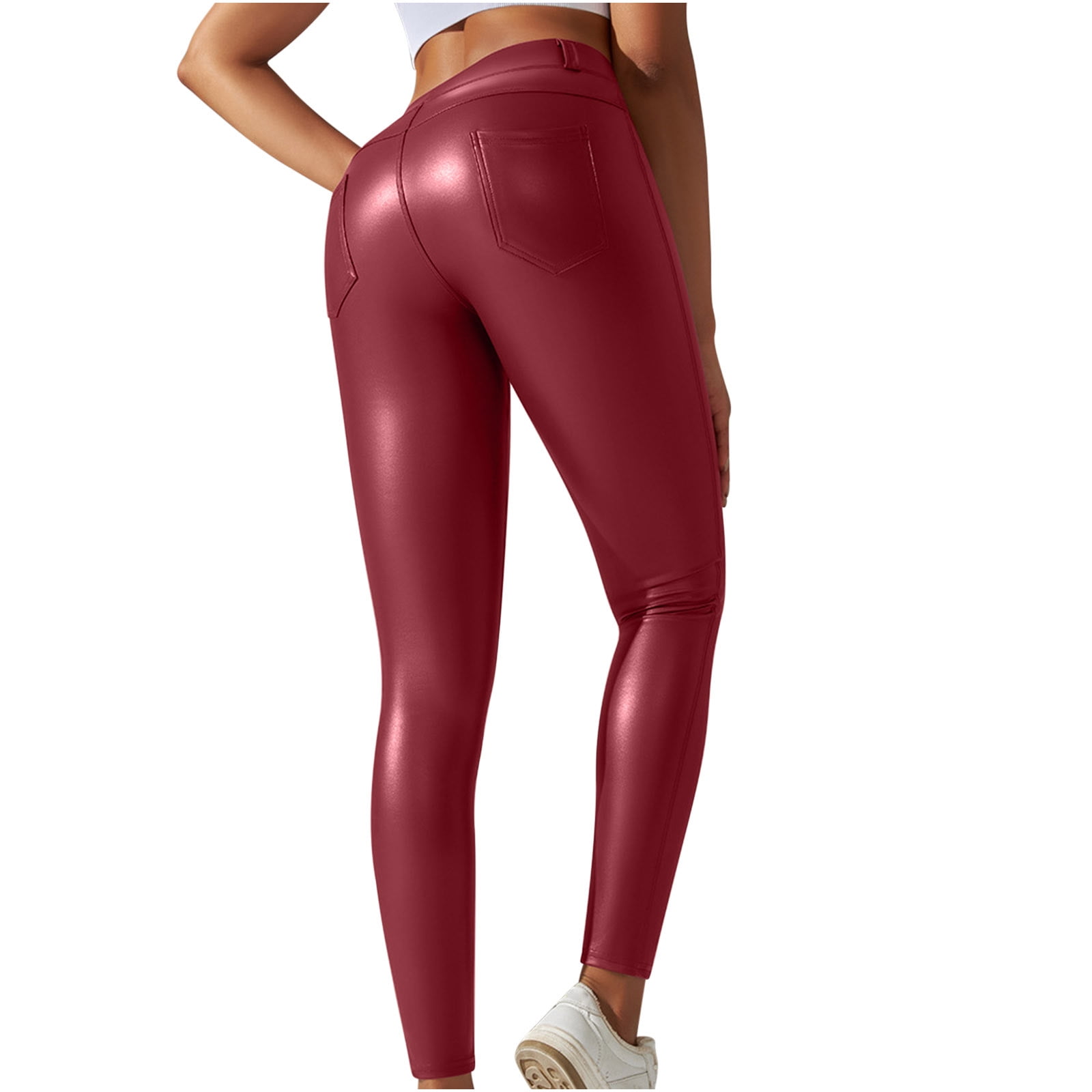 Faux Leather Leggings for Women High Waist Butt Lifting Sexy Pleather Long  Pants Pocket Stretchy Fashion Tights (X-Large, Red)