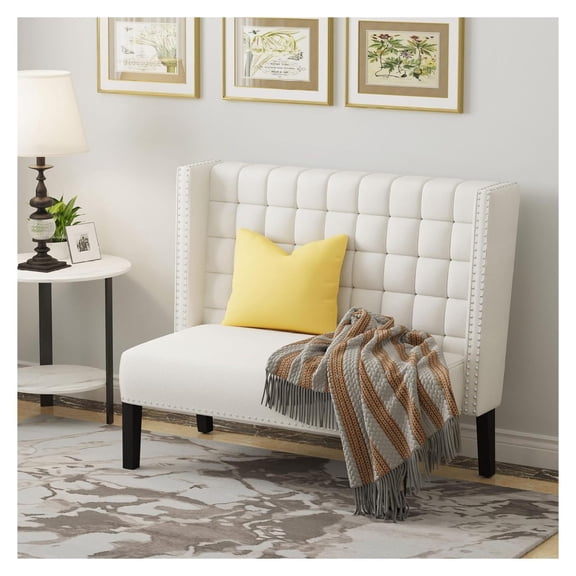 Faux Leather Loveseat, White Sofa Couch - Modern Settee with Nailhead Trim & Wooden Legs - Living Room Furniture