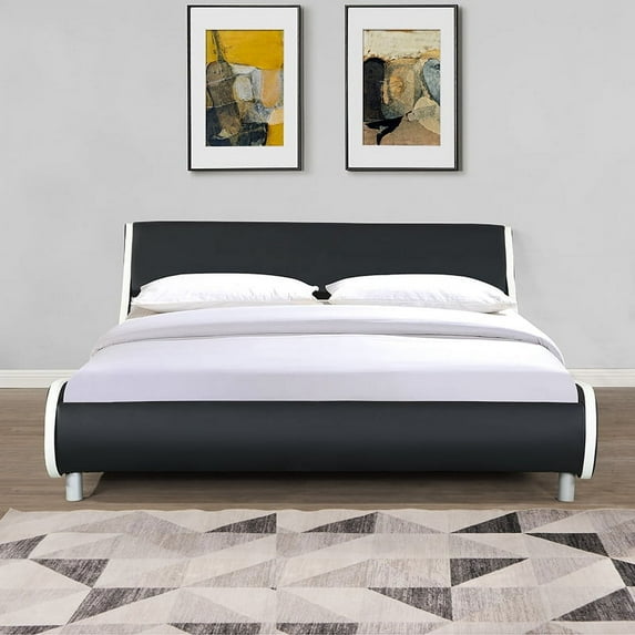 Faux Leather Low Profile Queen Size Upholstered Platform Bed Frame with Curved Headboard, Wave-Like Design, Strong Wood Slat Support, No Box Spring Needed, Easy Assembly, Black