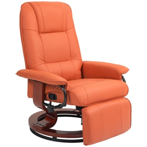 Faux Leather Manual Recliner, Adjustable Swivel Lounge Chair with Footrest, Armrest and Wrapped Wood Base for Living Room,Orange