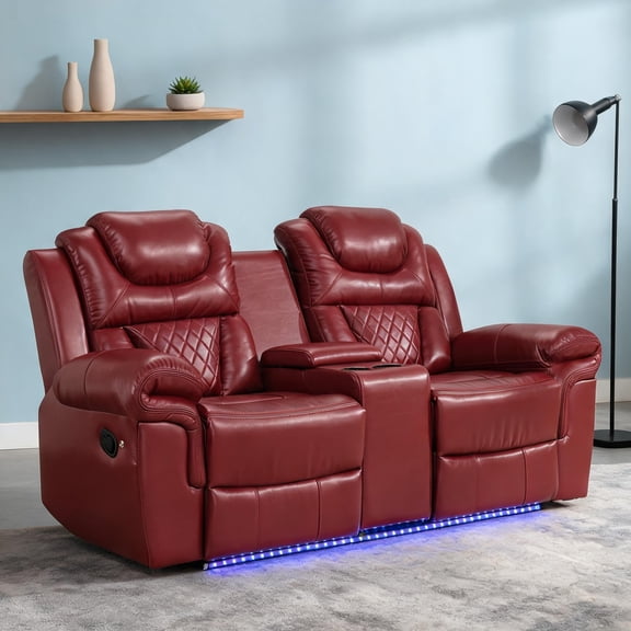 Faux Leather Manual Recliner Loveseat with Hidden Storage, Cup Holders, and LED Light Strip, Classic Red