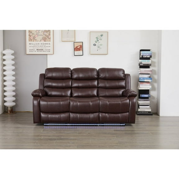 Faux Leather Manual Reclining Sofa with LED Lights With Drop Down Table