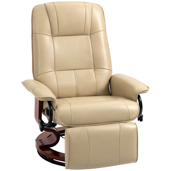 Faux Leather Manual Swivel Recliner Chair with Footrest, Armrests and Wood Base, Cream