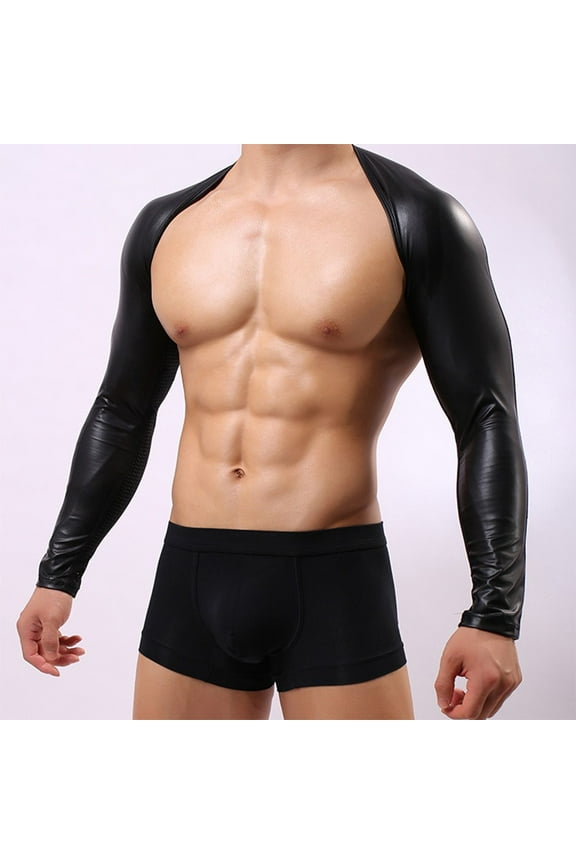 Faux Leather Men Black Mesh Short T-Shirt Long Sleeve Sexy Gay Wrestling Top