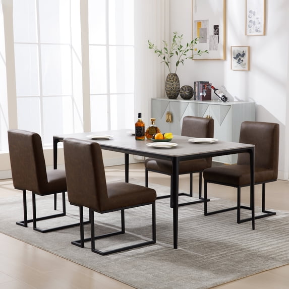 Faux Leather Mid Century Modern Dining Chair Set of 4, Upholstered Padded Dining Chairs Armless Accent Chair with Black Metal Frame for Dining Room/Living Room/Kitchen/Office, Brown
