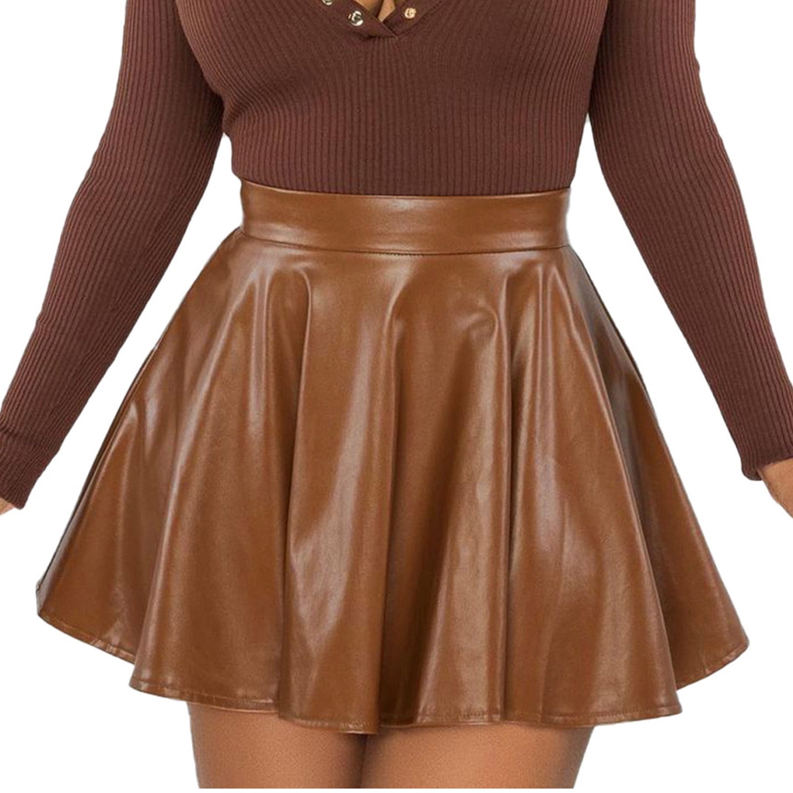 Faux Leather Mini Skater Skirt for Women Teen Girls High Waist Pleated A Line Plus Size Zip Short PU Skirt Medium Brown Walmart