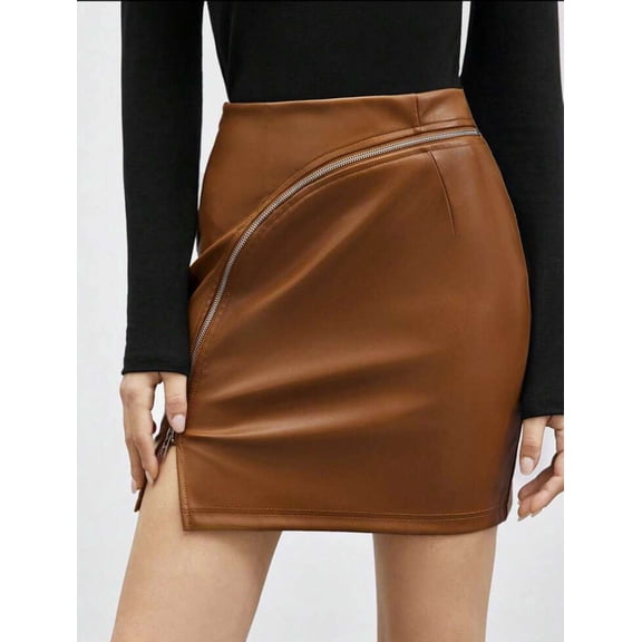 Faux Leather Mini Skirt with Asymmetric Zipper (L, Brown)