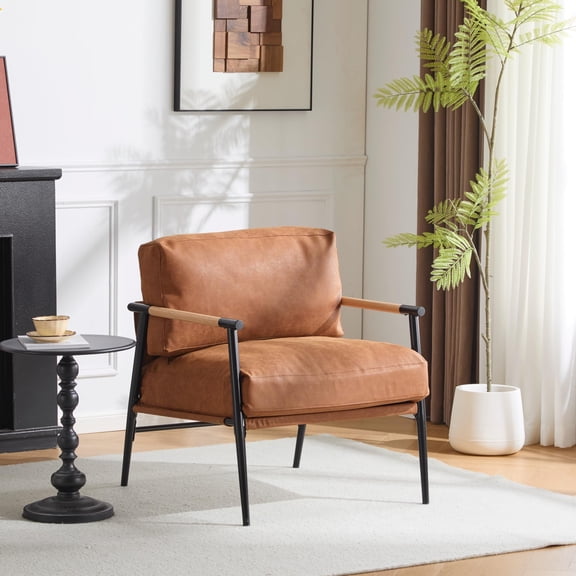 Faux Leather Modern Accent Chair Lounge Arm Chair, Upholstered Armchair with Plush Cushions, Single Chairs with Metal Frame,Wooden Armrest - Perfect for Office,Living Room,Bedroom,Brown