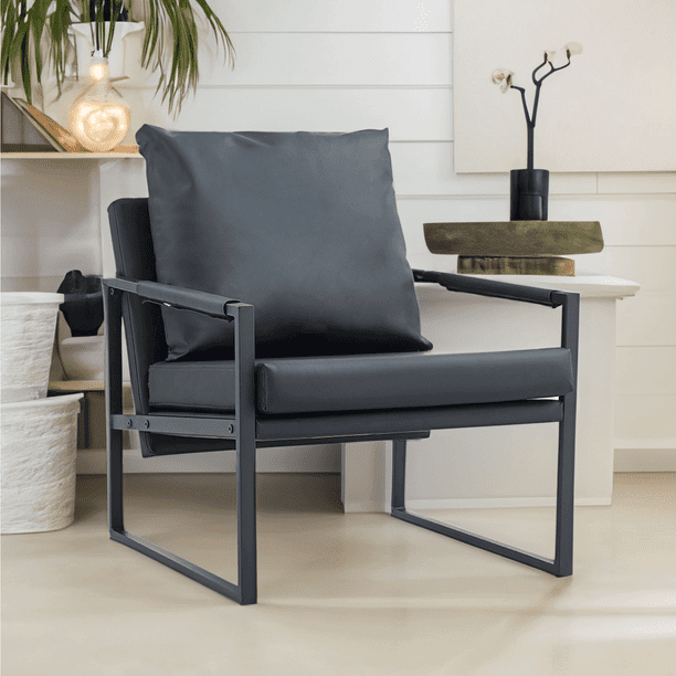 Faux Leather Modern Accent Chair with Metal Frame Living Room Armchair