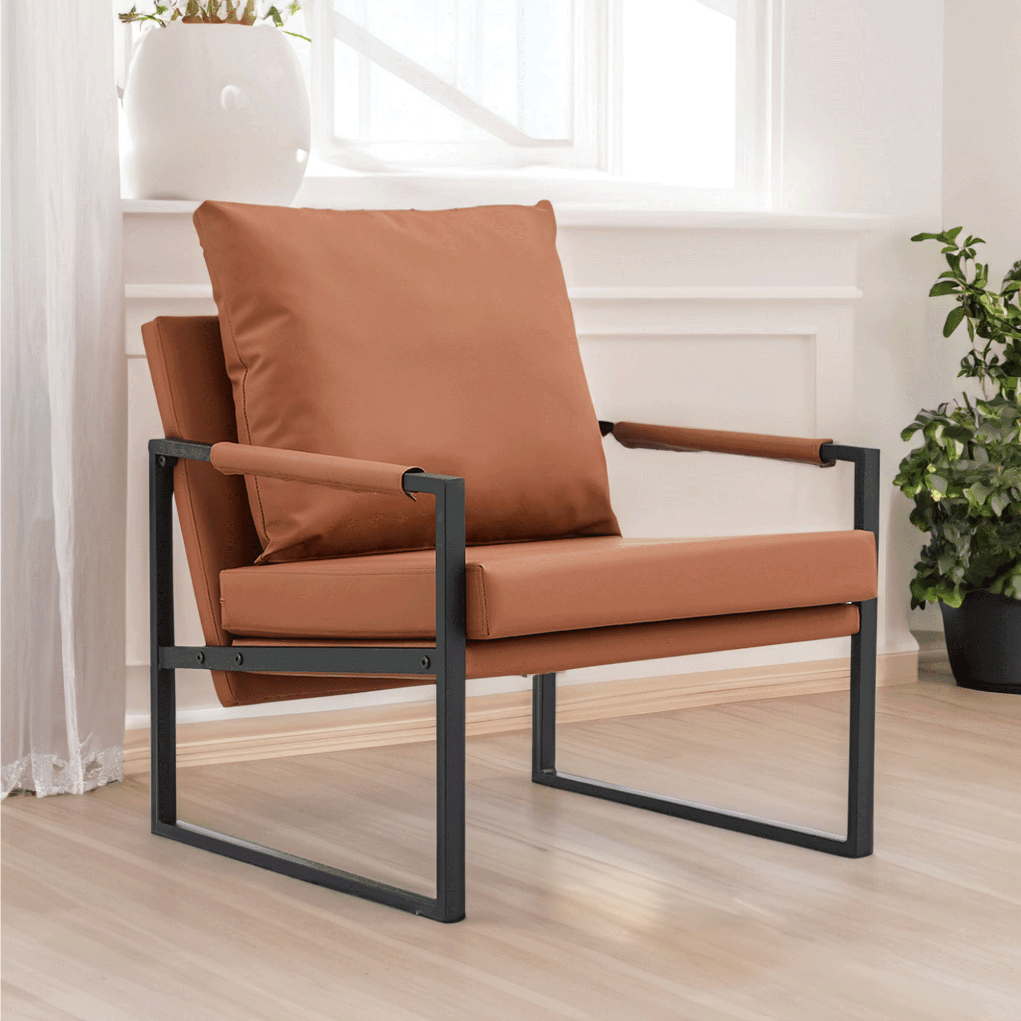 Modern Faux Leather Accent Armchair with Metal Frame for Home Living
