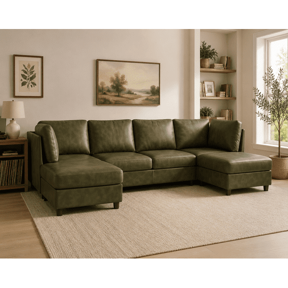 Faux Leather Modular Sectional 6-Seat U-Shaped or L-Shaped Configurable Sofa, Olive Green, Removable Back & Seat Cushions, Easy Assembly, Durable Upholstery for Living Room, Home Theater