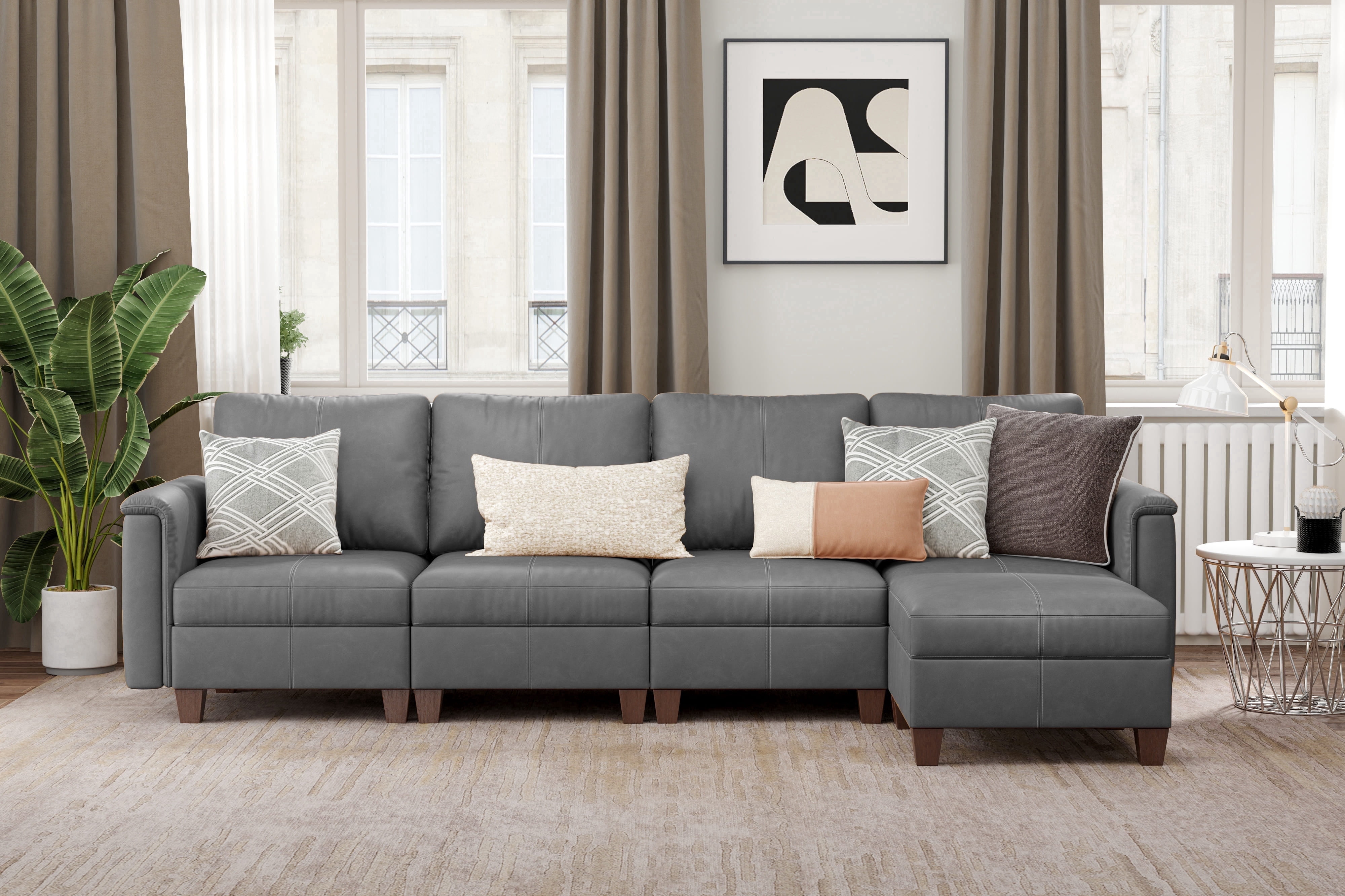 SITJOY 118" Faux Leather Modular Sectional Couches with Storage, Convertible 5 Seat L-Shaped Sectional Sofa with Ottoman for Living Room, Gray
