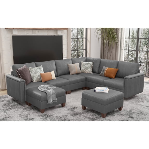 Faux Leather Modular Sectional Couches for Living Room, Modular Convertible 8 Seat U-Shaped Sofa with Storage & Ottoman, 118 inch Width, Grey