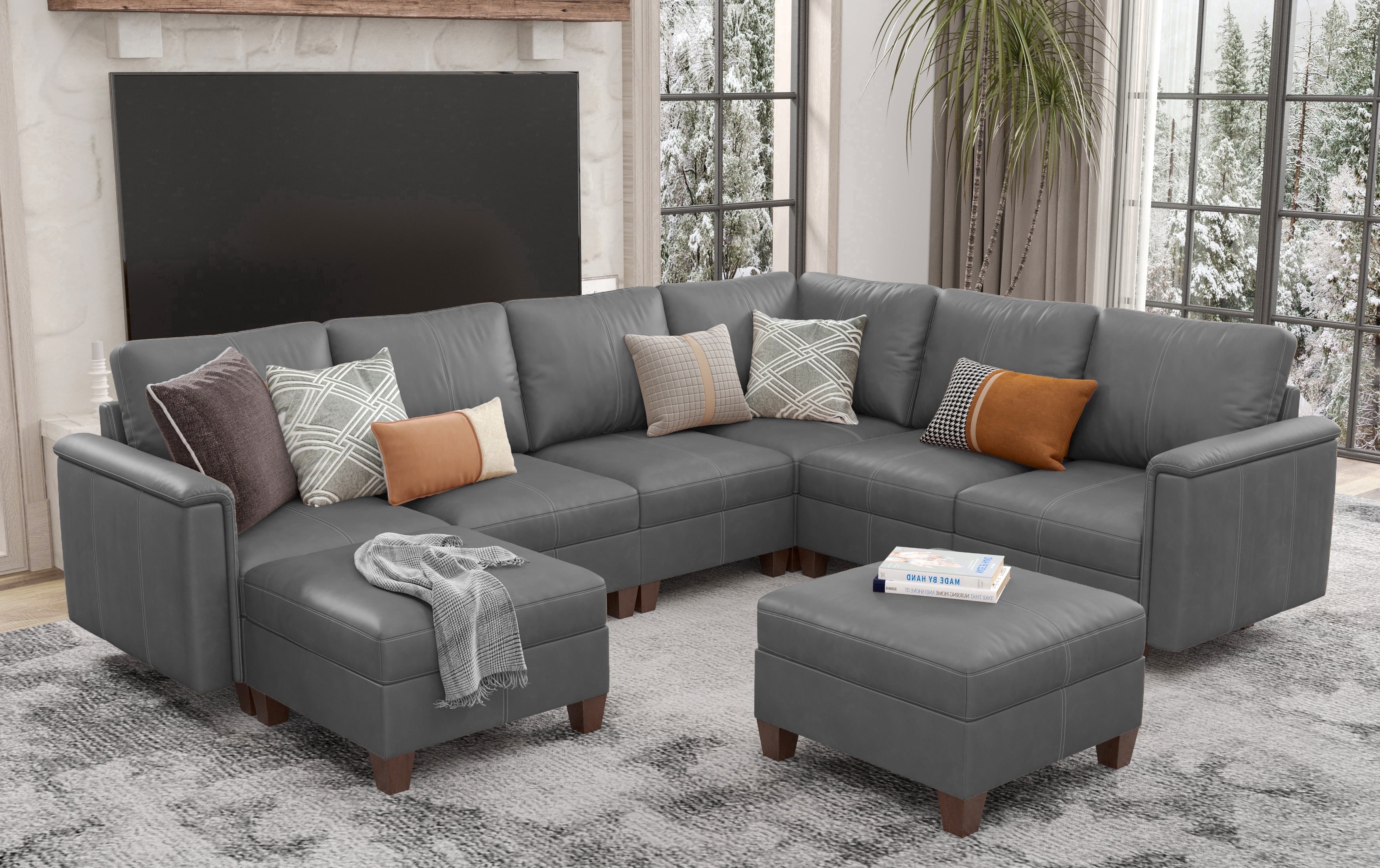 SITJOY 118" Faux Leather Modular Sectional Couches with Storage, Convertible 8 Seat U-Shaped Sectional Sofa with Ottoman for Living Room, Gray