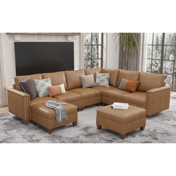 Faux Leather Modular Sectional Couches for Living Room, Modular Convertible U-Shaped Sectioanl Sofa with Storage & Ottoman, Brown