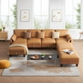 thumbnail image 1 of Faux Leather Modular Sofa Couch 128" Modern 7-Seat Sofa with Chaises, Upholstered Sectional Couch with Wood Square Legs for House, Living Room, Reception Room, Apartment, Tan, 1 of 22