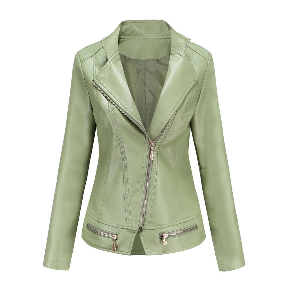 Faux Leather Moto Biker Jacket Women Zipper Lapel Collar Motorcycle Fitted Fall Coats Outwear Plus Size Long Sleeve (3X-Large, Green)