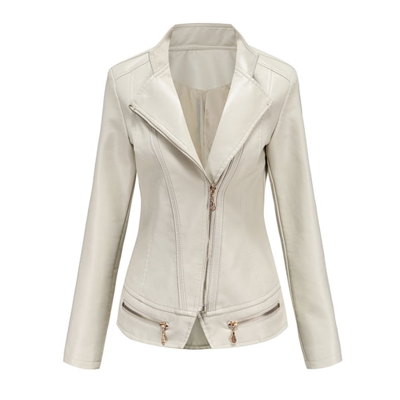 Faux Leather Moto Biker Jacket Women Zipper Lapel Collar Motorcycle Fitted Fall Coats Outwear Plus Size Long Sleeve (4X-Large, White)