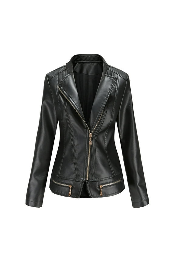 Faux Leather Moto Biker Jacket Women Zipper Lapel Collar Motorcycle Fitted Fall Coats Outwear Plus Size Long Sleeve (Medium, Black)