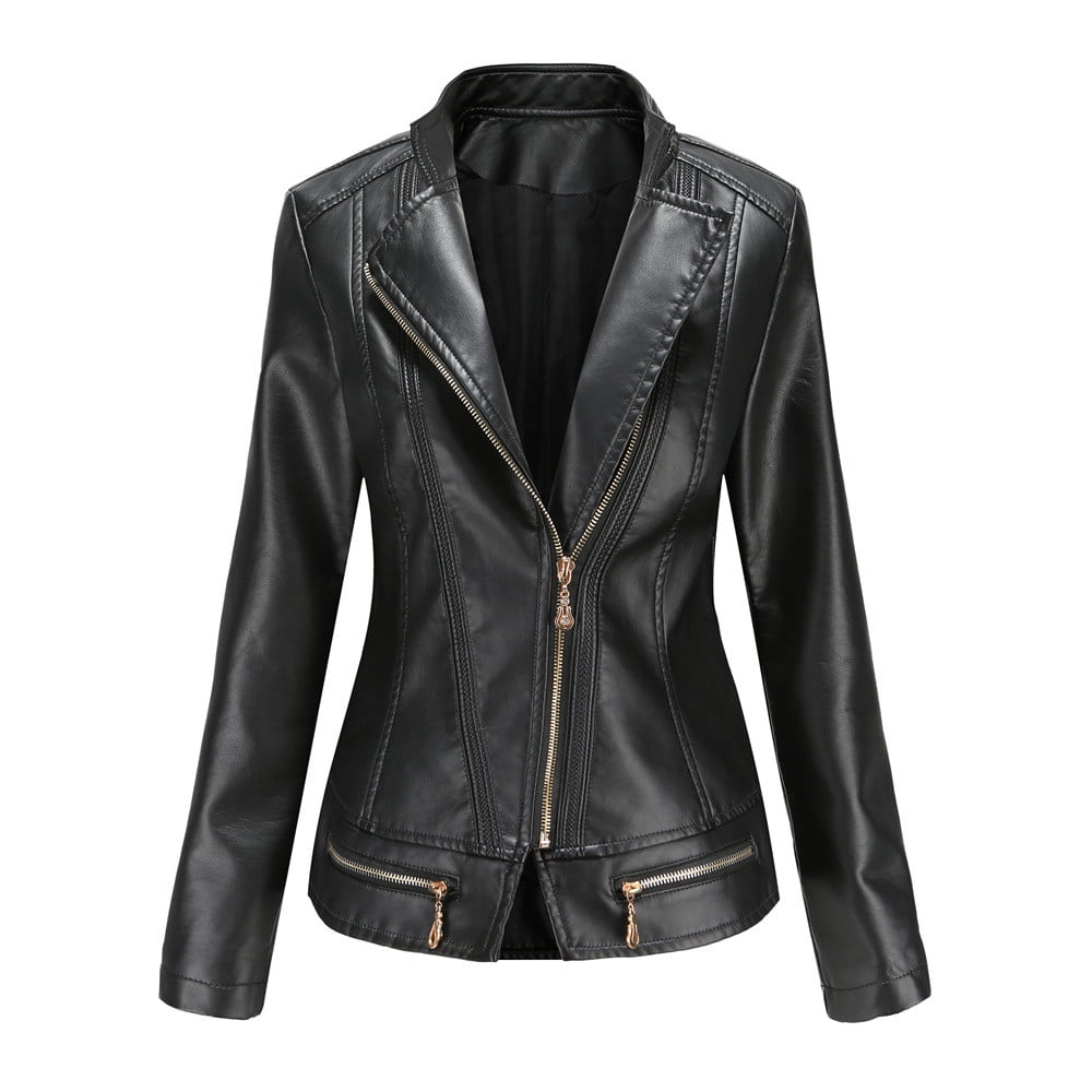Faux Leather Moto Biker Jacket Women Zipper Lapel Collar Motorcycle Fitted Fall Coats Outwear Plus Size Long Sleeve (Small, Black)