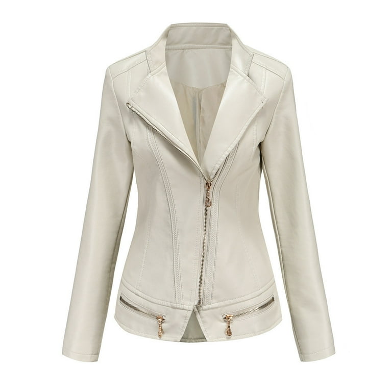 Faux Leather Moto Biker Jacket Women Zipper Lapel Collar