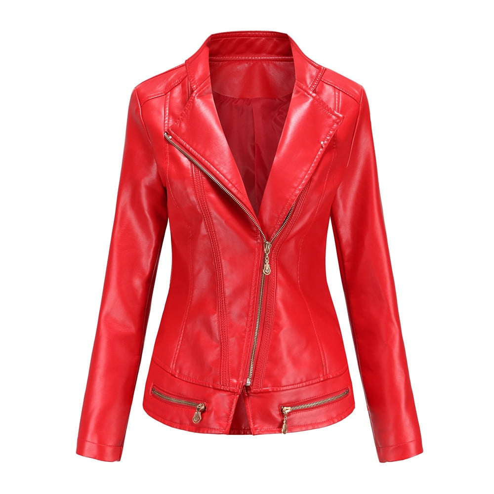 Faux Leather Moto Biker Jacket Women Zipper Lapel Collar Motorcycle Fitted Fall Coats Outwear Plus Size Long Sleeve (XX-Large, Red)
