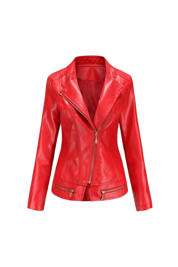 Faux Leather Moto Biker Jacket Women Zipper Lapel Collar Motorcycle Fitted Fall Coats Outwear Plus Size Long Sleeve (XX-Large, Red)