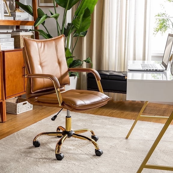 Luxury Faux Leather Office Chair with Golden Accents, Adjustable Swivel Ergonomic Desk Chair for Executive Comfort and Style Camel