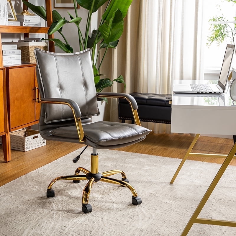 Faux Leather Office Chair Adjustable Swivel Desk Chair with Golden Legs and Arms Upholstered, Grey