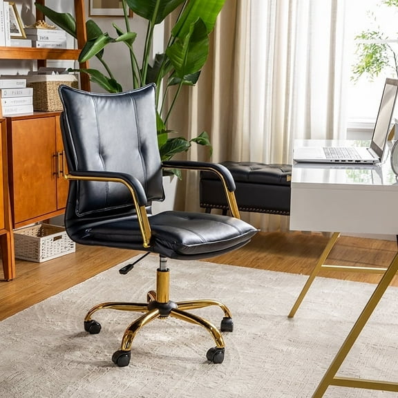Faux Leather Office Chair Adjustable Swivel Desk Chair with Golden Legs and Arms Upholstered, Navy