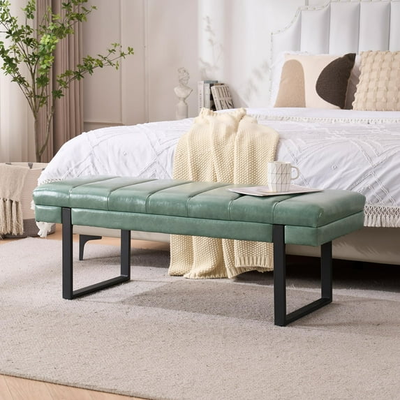 Faux Leather Ottoman Bedroom Bench, 46.5" Tufted Padded End of Bed Bench with Gold Legs, Upholstered Dining Table Bench Shoe Bench for Living Room Entryway Window