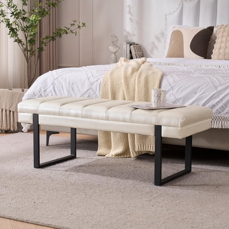 Faux Leather Ottoman Bedroom Bench, 46.5" Tufted Padded End of Bed Bench with Gold Legs, Upholstered Dining Table Bench Shoe Bench for Living Room Entryway Window