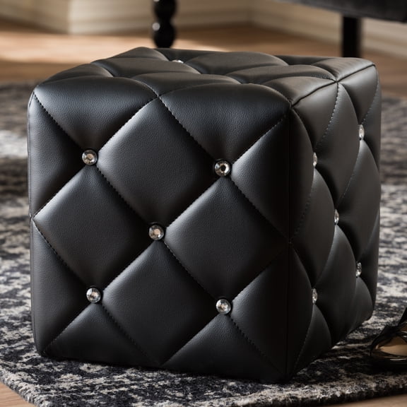 Faux Leather Ottoman - Black, Button Tufted, Modern Style, Fully Assembled