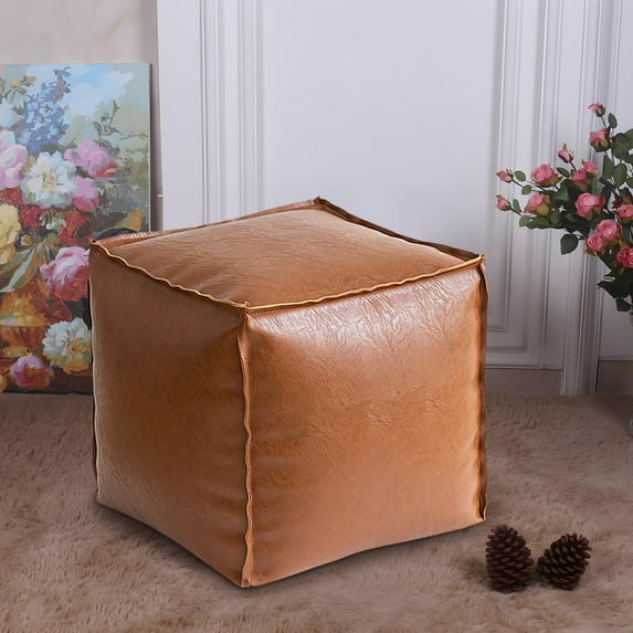 Faux Leather Ottoman Pouf Cover | Moroccan Unstuffed Footstool Seat Cushion | Waterproof Durable Material | Storage Solution | Floor Footrest | 15.7in | 1 Pack