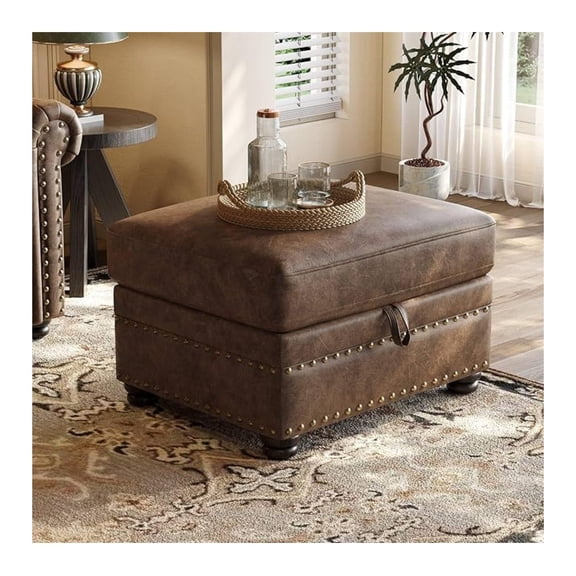 Faux Leather Ottoman with Storage, Rectangle Ottoman Coffee Table with Nailhead Trim, Solid Wood Legs, Oversized Upholstered Footrest Stool for Living Room, Bedroom, Apartment, Brown